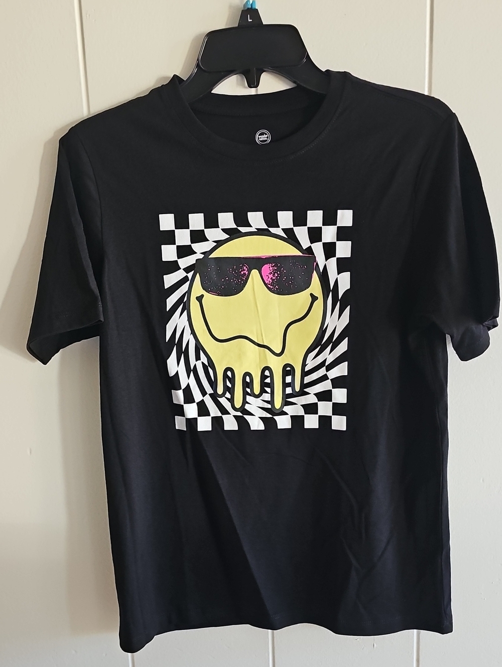 Black Graphic Tee with Yellow Drip Smile Design
